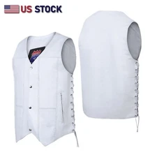 Mens Genuine Leather 7 Pockets Motorcycle Biker Club Vest  White SOA 3540White