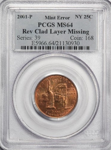 2001 PCGS MS64 Missing Clad Layer New York Quarter Mint Error BU Red Copper - Picture 2 of 4