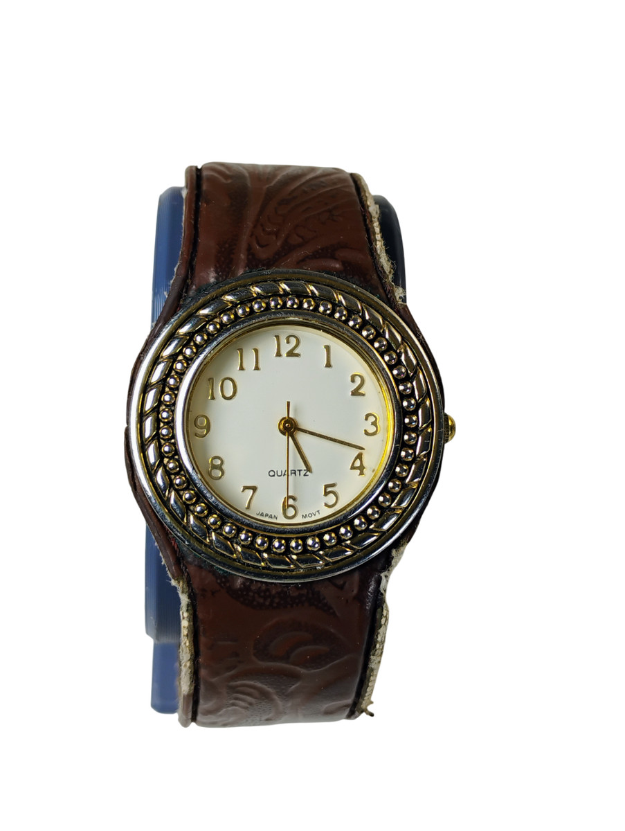 Vintage Avon F66987-1/D Gold Tone Cuff Quartz Watch, New Battery, DIY Band Ready View 2