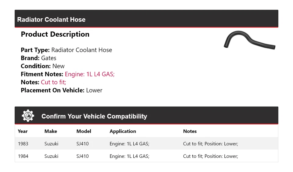 Manguera refrigerante radiador puertas inferiores para Suzuki SJ410 1983-1984 1L L4 GAS Foto 2 de 4