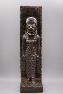Statue Sekhmet goddess large Stela relief heavy black Sculpture With inscription