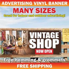 VINTAGE SHOP OPEN Advertising Banner Vinyl Mesh Sign ANTIQUE STORE COLLECTIBLES
