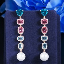Classy Blue Rectangle CZ Crystal Dangle Drop Long Pearl Earrings for Women Party