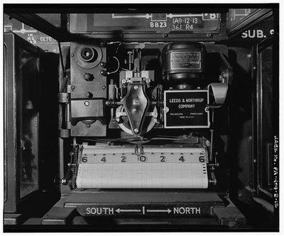 12. Close-up view of Leeds and Northrup strip chart recorder for monitoring and
