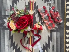 Kanzashi kimono Hair stick Wedding bouquet and boutonniere set of one a half red