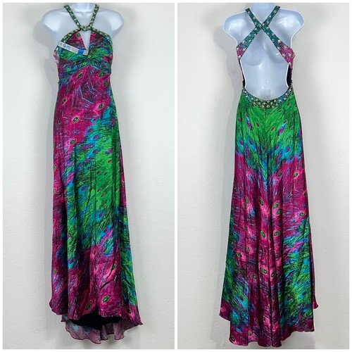 Night Moves Hoco Evening Formal Maxi Dress Size 4 Peacock Beaded Halter Low Back
