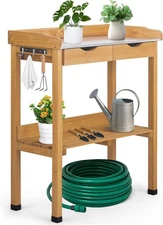 Garden Potting Bench Table Work Bench w/2 Drawer, Storage Shelf, Metal Tabletop