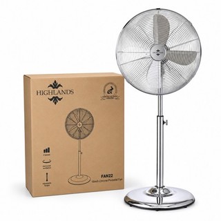 Highlands FAN22 16 Inch Chrome Metal Pedestal Fan 45W 3 Speed Oscillating