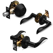 Adjustable Reversible Lever Handle  Single Cylinder Deadbolt Set - Black Finish