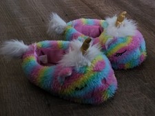 Ships In 1 Day Plush Rainbow Unicorn Slippers Girl  s Size 9-10 Fuzzy Slip-Ons