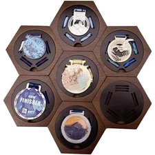 Set of 7 Hexagon Wooden Medal Display Rack with Strong Magnets for Awards