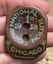 RARE Wood Show Favor Button: First National Button Society Convention NBS 1939