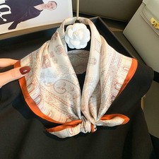 100 Pure Silk Square Scarf Women White Paisley Orange Edge Kerchief Wrap 53cm