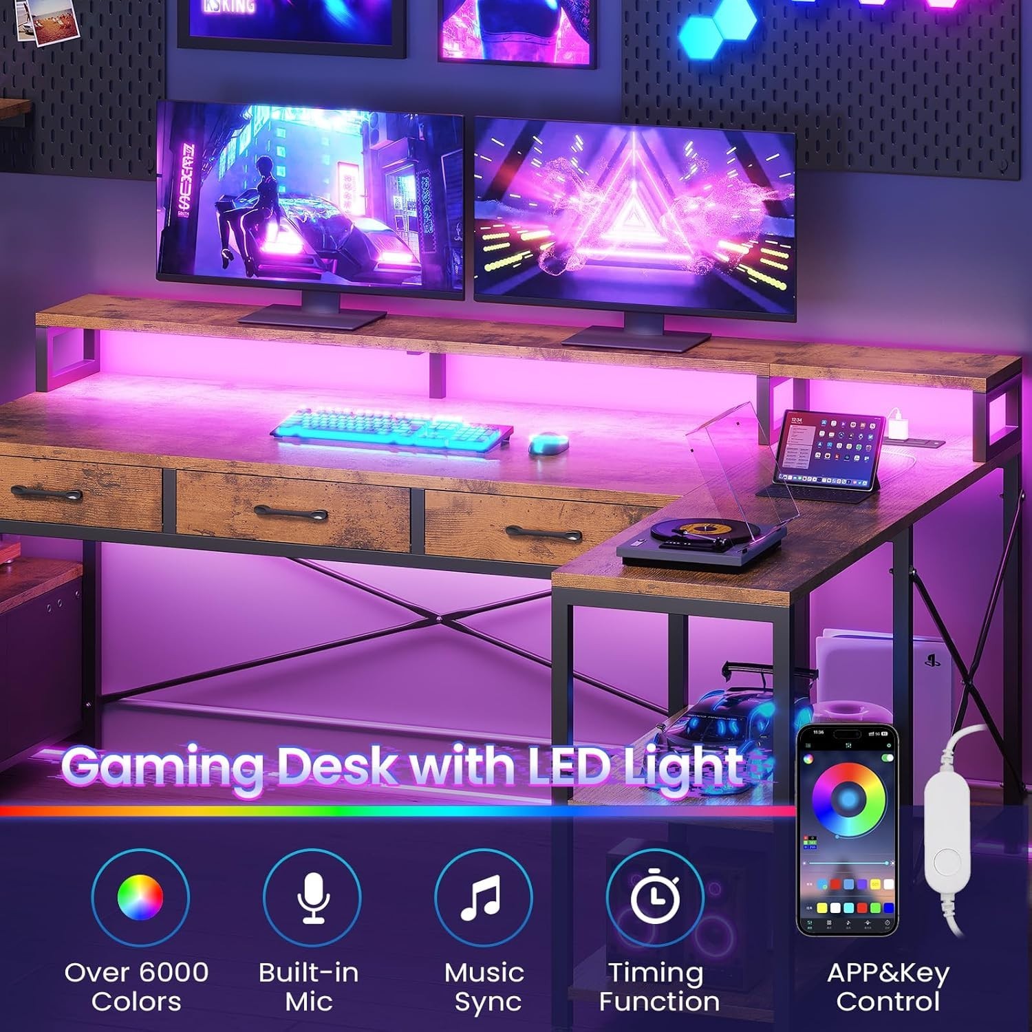 59" L Shaped Gaming Desk with 4 Drawers and LED Lights, Reversible Computer Desk