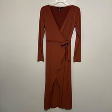 Forever 21 Women's Wrap Dress M Orange Rust Long Sleeve V-Neck Bodycon Midi Y2K