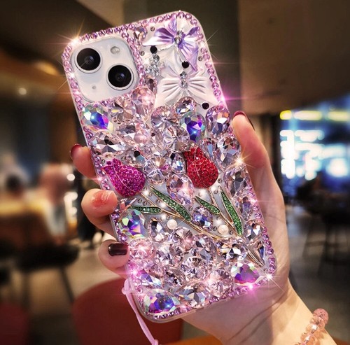 For iPhone 17 16 Pro Max 15 14 13 12 11 Bling Glitter Flower Diamond Case Cover