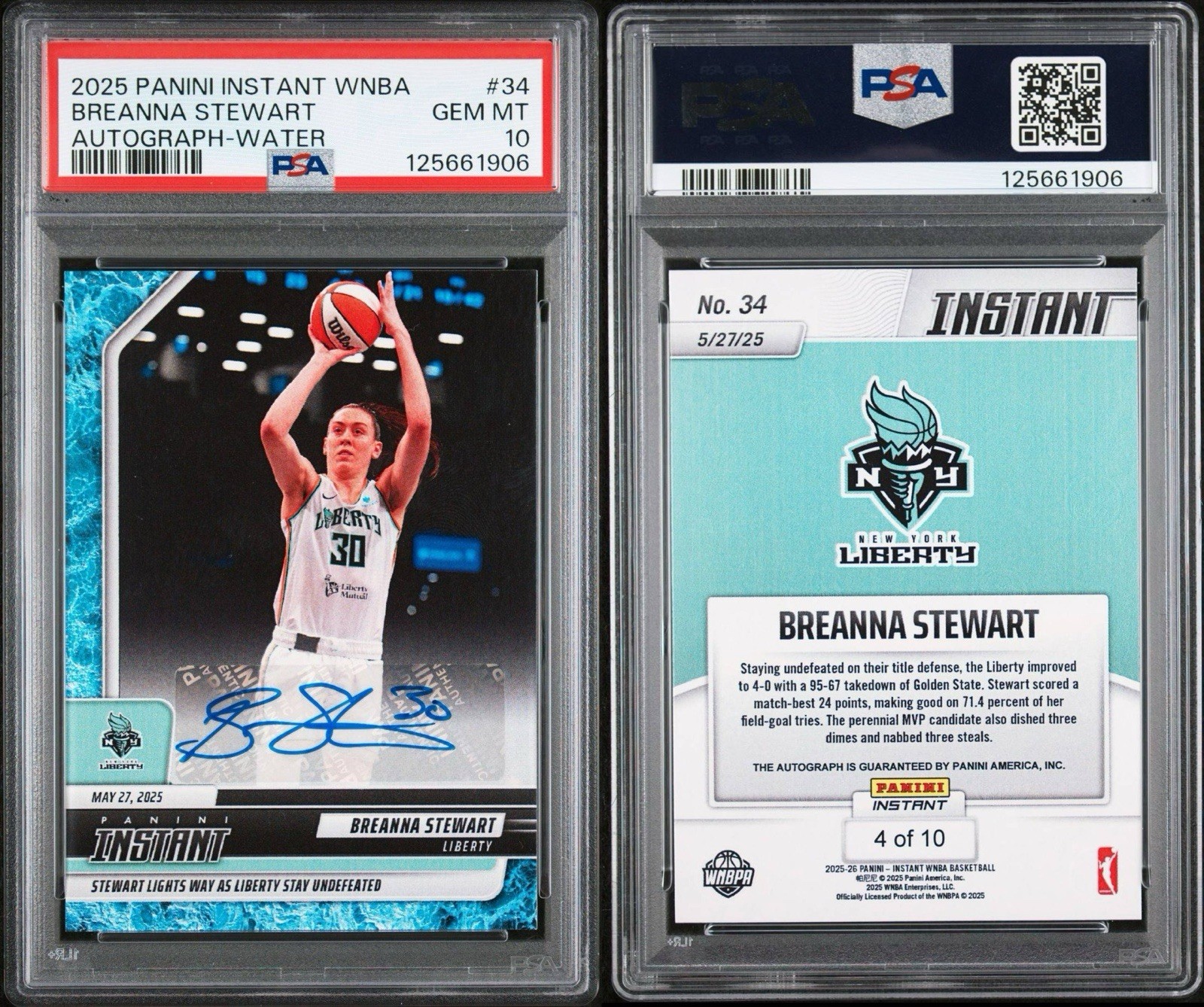 Breanna Stewart 2025 Panini Instant WNBA 34 Water Parallel Auto /10 PSA 10 Pop 1 view 3