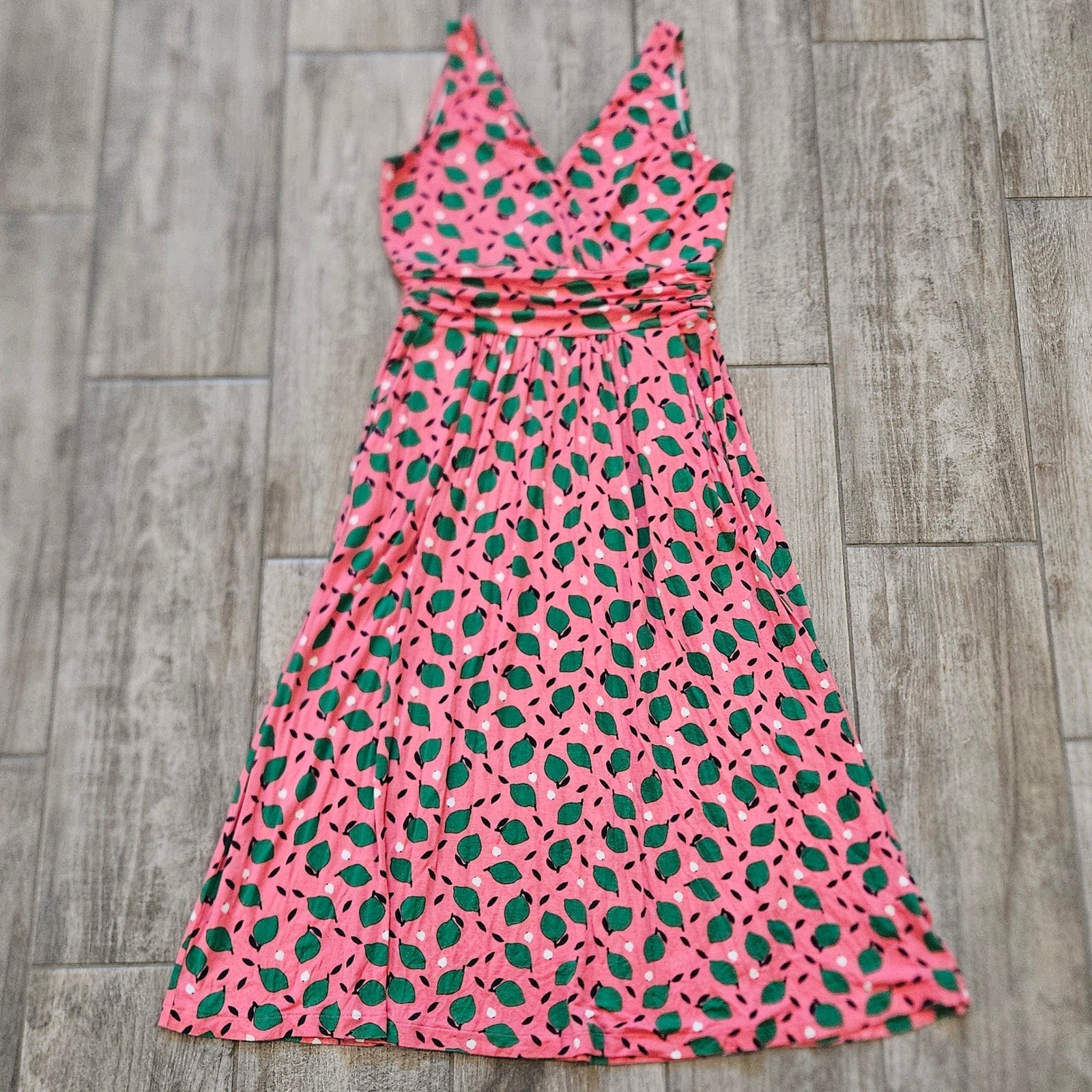 Boden Effie Dress Size 6 Pink Lime Print Sleeveless V-Neck Ruched Fruit Summer