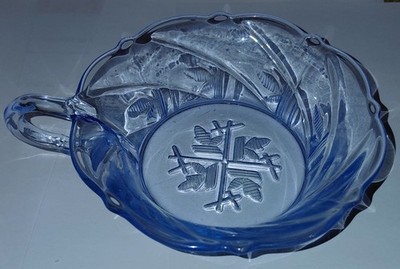 Light Ice Blue depression glass bonbon dish leaf and branch pattern with handle