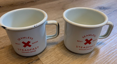 Vintage Seamless Tin Enamelware Coffee Cup Mug Pair