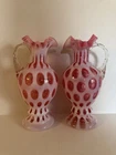 Fenton Cranberry Opalescent Coin Dot Pair Of 11”Handled Vases