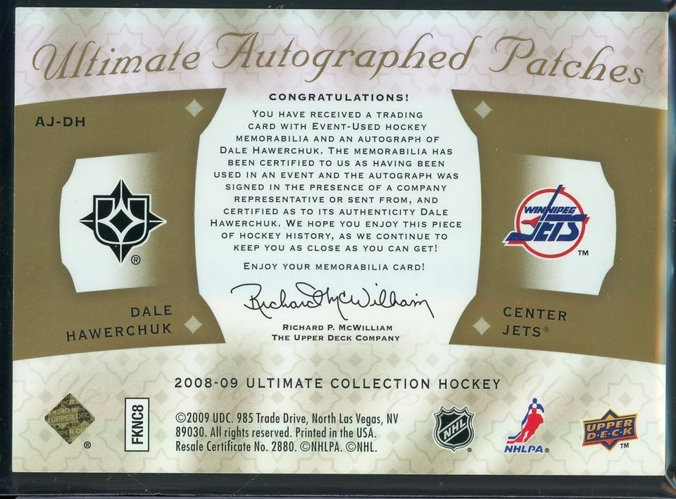 2008-09 Ultimate Collection Patches Autographs #AJDH Dale Hawerchuk 15/25 - Image 2 of 2