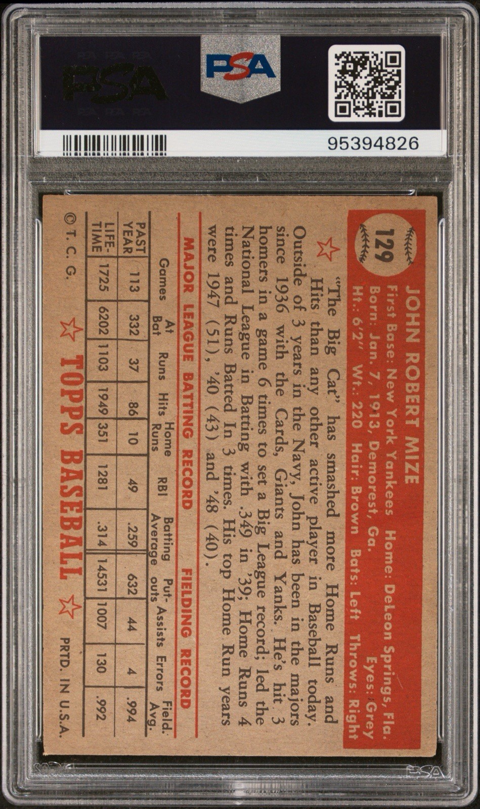 1952 Topps Johnny Mize #129 - PSA EX 5 💎 view 2