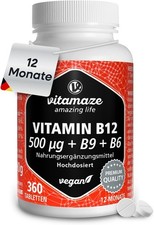 Vitamin B12 500µg – mit B6 & Folsäure, 360 Tabletten, hochdosiert & vegan