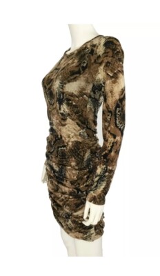 Karina Grimaldi M L Bodycon Ruched Side Knit Animal Print  Dress Sexy Stretch LS