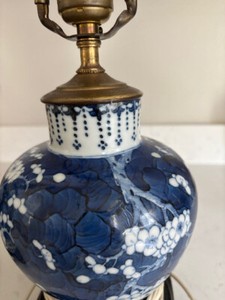 Antique Chinese 19th C. Pair of Blue and White Prunus Ginger Jar Table Lamps
