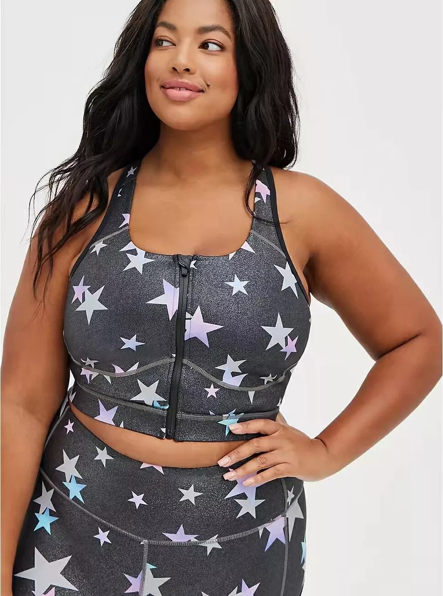 Brand New Torrid Zip Front Sports Bra - Wicking Active Stars Shine Grey