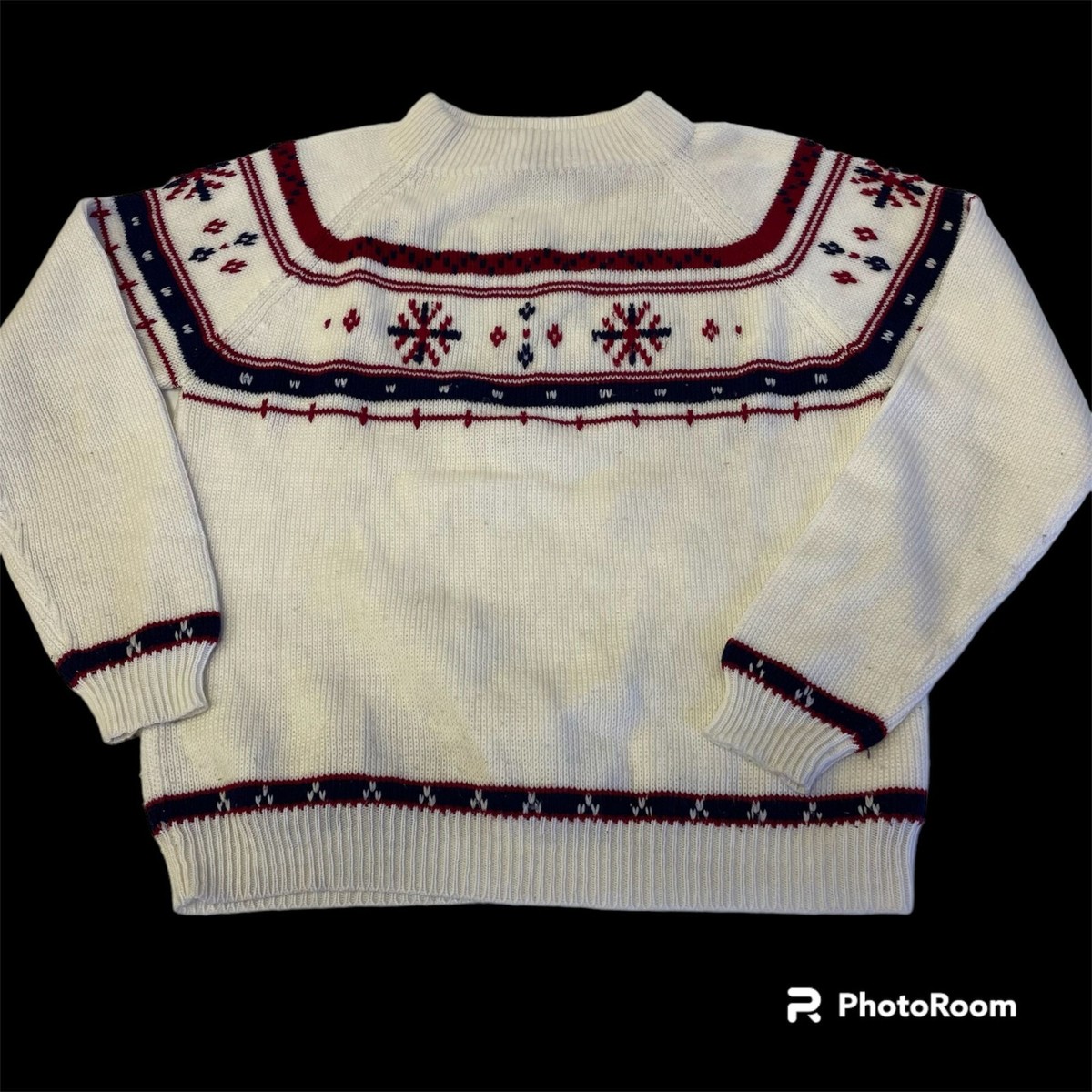 Vtg 70 80's JCPenney Men White Red NORDIC Knit Christmas SNOW FLAKE SKI  Sweater