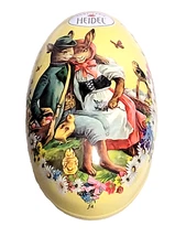 CONFISERIE HEIDEL TIN LITHO EASTER EGG, GERMAN RABBITS CHICK EMPTY