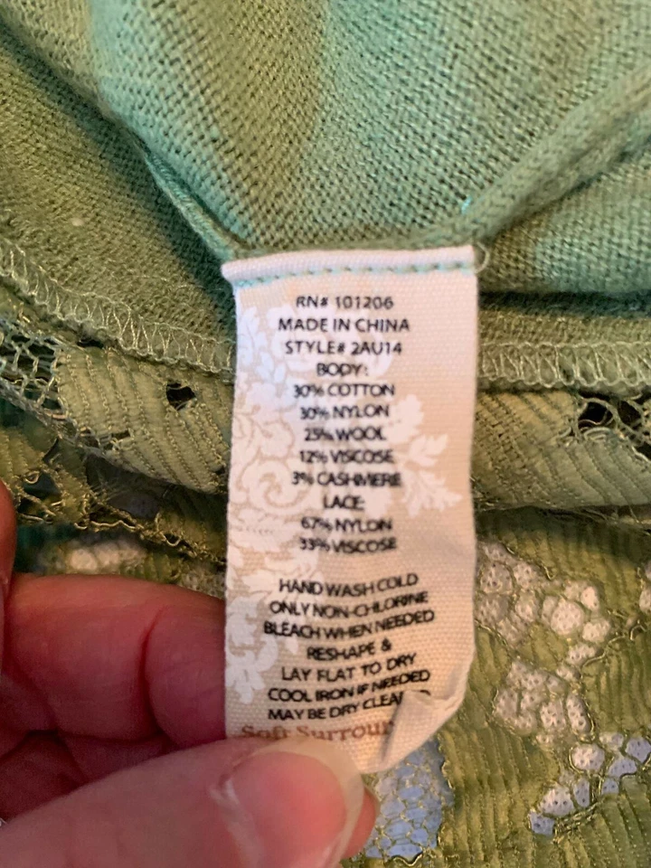 SOFT AROUND Suéter Para Mujer Verde Algodón Cachemira Mezcla Encaje Ribete M Foto 4 de 4