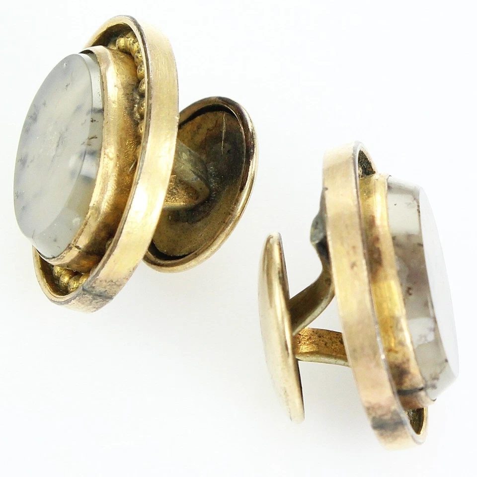 VINTAGE White MOSS AGATE Stone Oval CUFF BUTTONS Antiqued Goldtone Circle Backs - Image 2 of 3