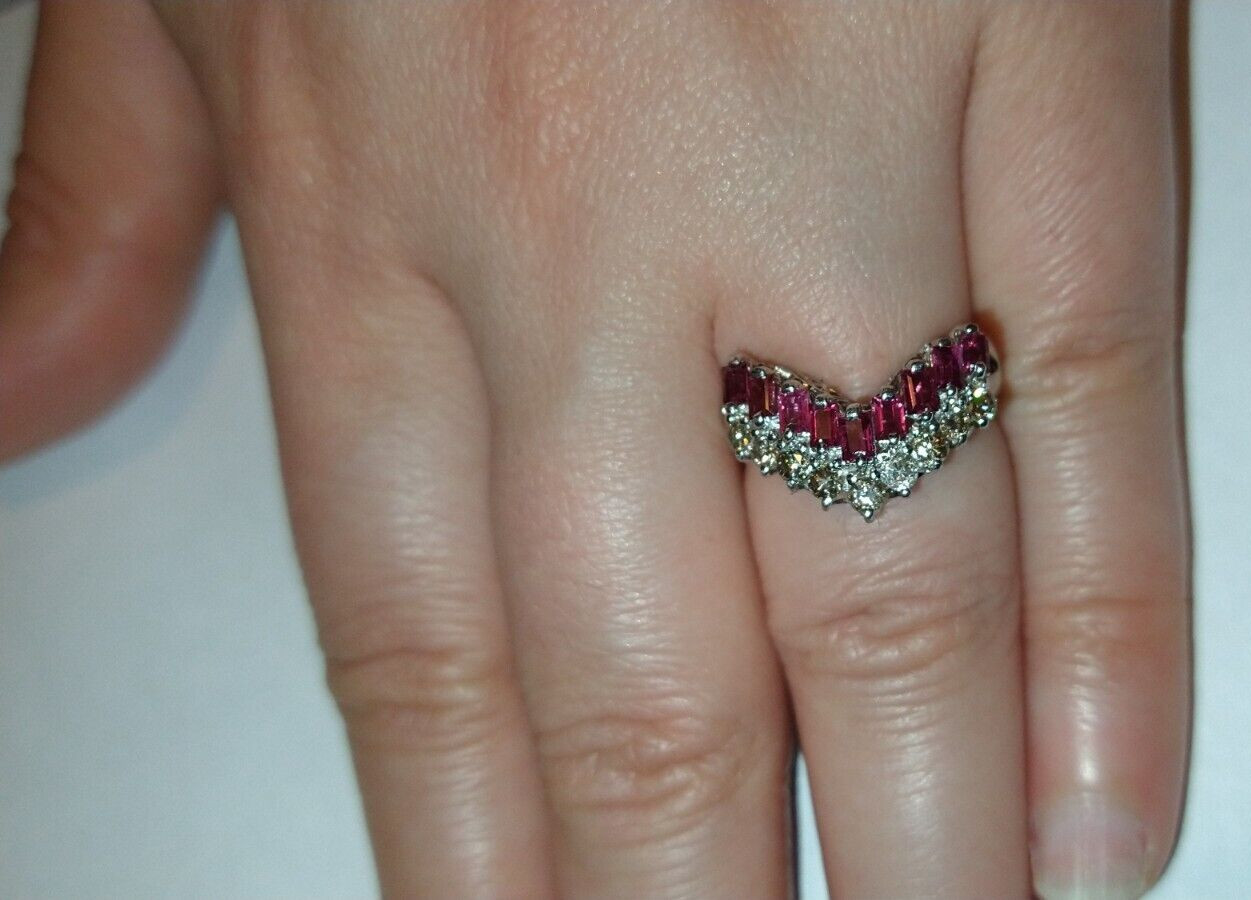 Solid platinum natural ruby diamond stacking chev… - image 6