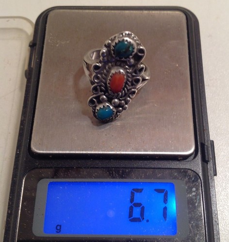 Vintage E&J Little SIGNED Sterling Navajo Coral Turquoise Ring, Sz 7.25 - Picture 7 of 8