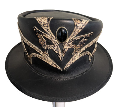 Gothic Leather Top Hat with Snakeskin Leather & Gemstone Detail *New w/out Tags*