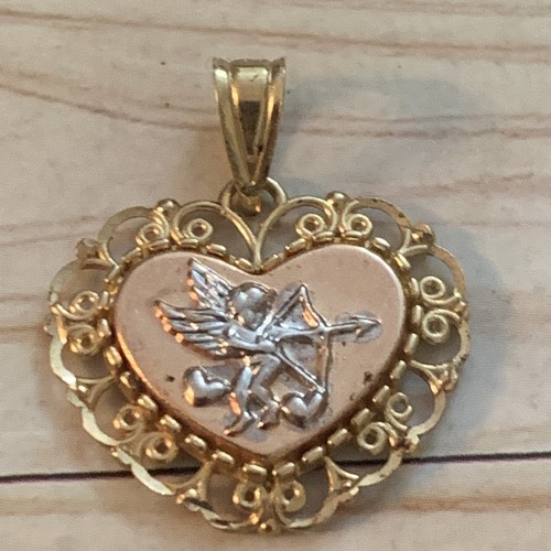 VTG DESIGNER 14K TRI GOLD MA MICHAEL ANTHONY HEART CUPID ARROW ANGEL PENDANT