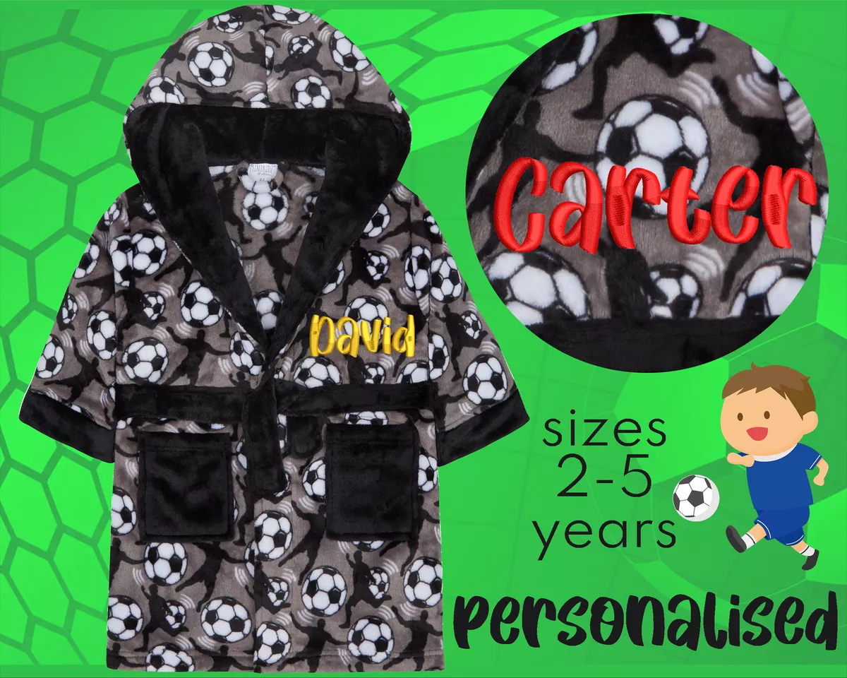 Personalised Kids Boys Dressing Gown Football Soccer Robe Novelty Hooded Gift UK