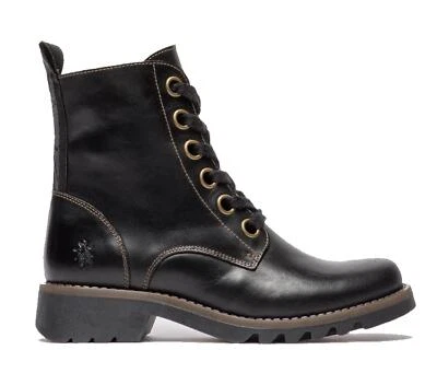Fly London Femmes Noir RAGI539 Bottes Décontracté Tapis Cuir à Lacet Bottines UK - Photo 1/4