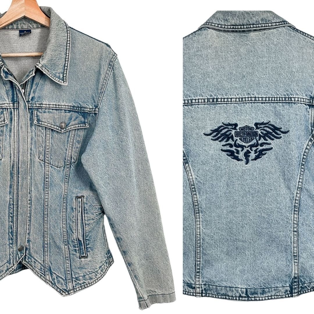 Vintage Harley Davidson Embroidered Logo Zip Up Denim Jacket Light