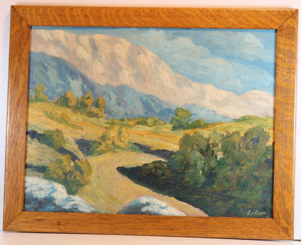 Classic plein air view of Western mountains in acrylic. Golden oak frame. Signed