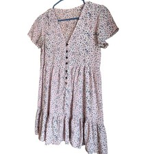 Romwe Pink Floral Ruffle Button Front Short Sleeve Mini Dress Women Size S