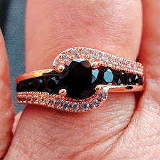 Rose Gold Tone Cubic Zirconia Ring Size P Black/Clear