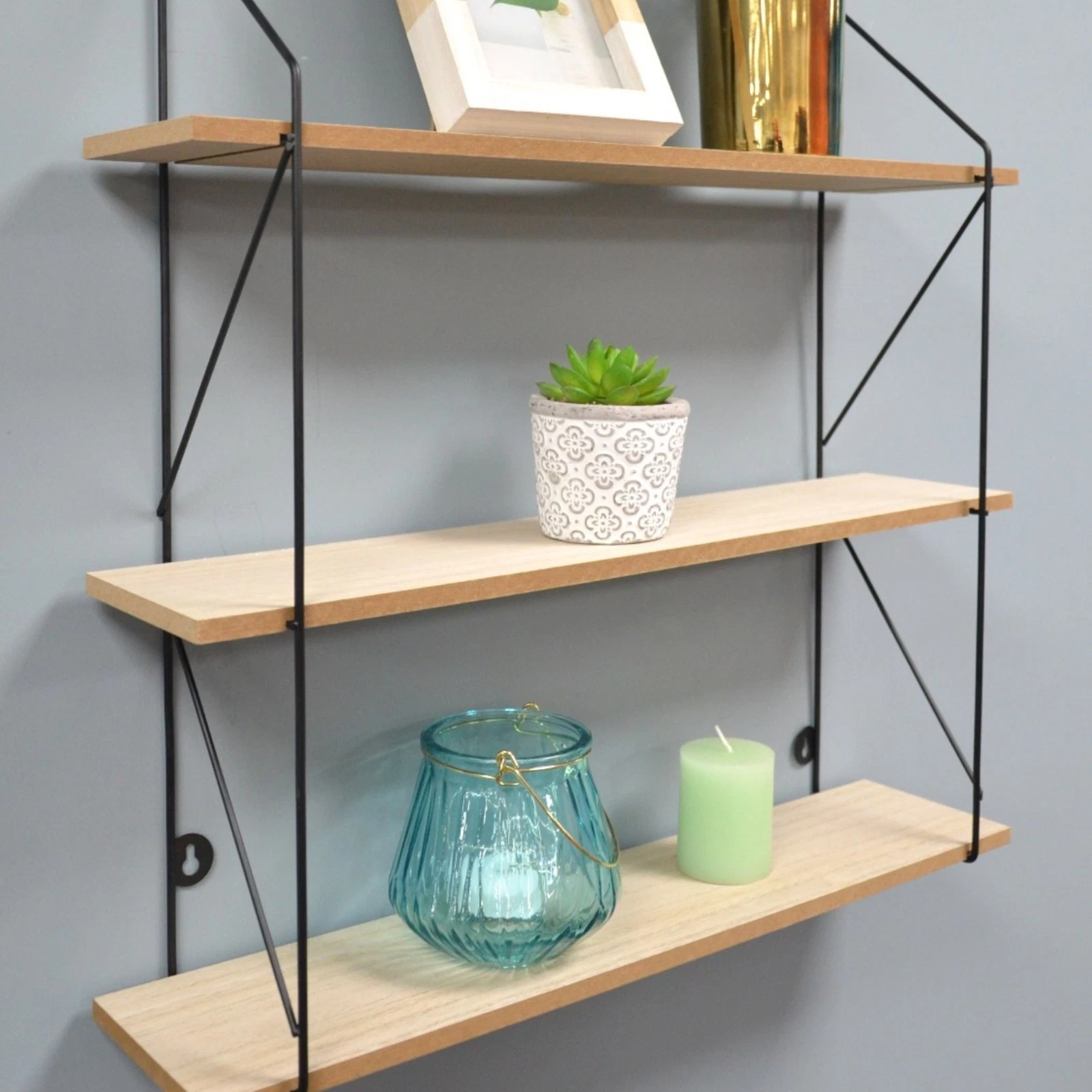 3 Tier Shelf Wall Hanging Shelves Black Metal Frame Wooden Shelves Storage Decor