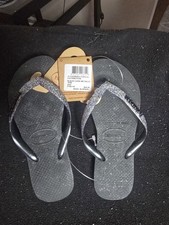 Havaianas Youth Flip Flop Sandals Glitter Logo Straps Black/Gray Sz Y3/4New