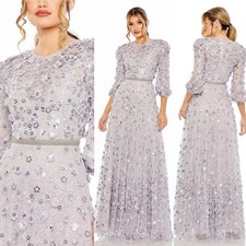 Mac Duggal 93805 Women SZ 8 Floral Applique Puff Sleeve High Neck Gown Lavender