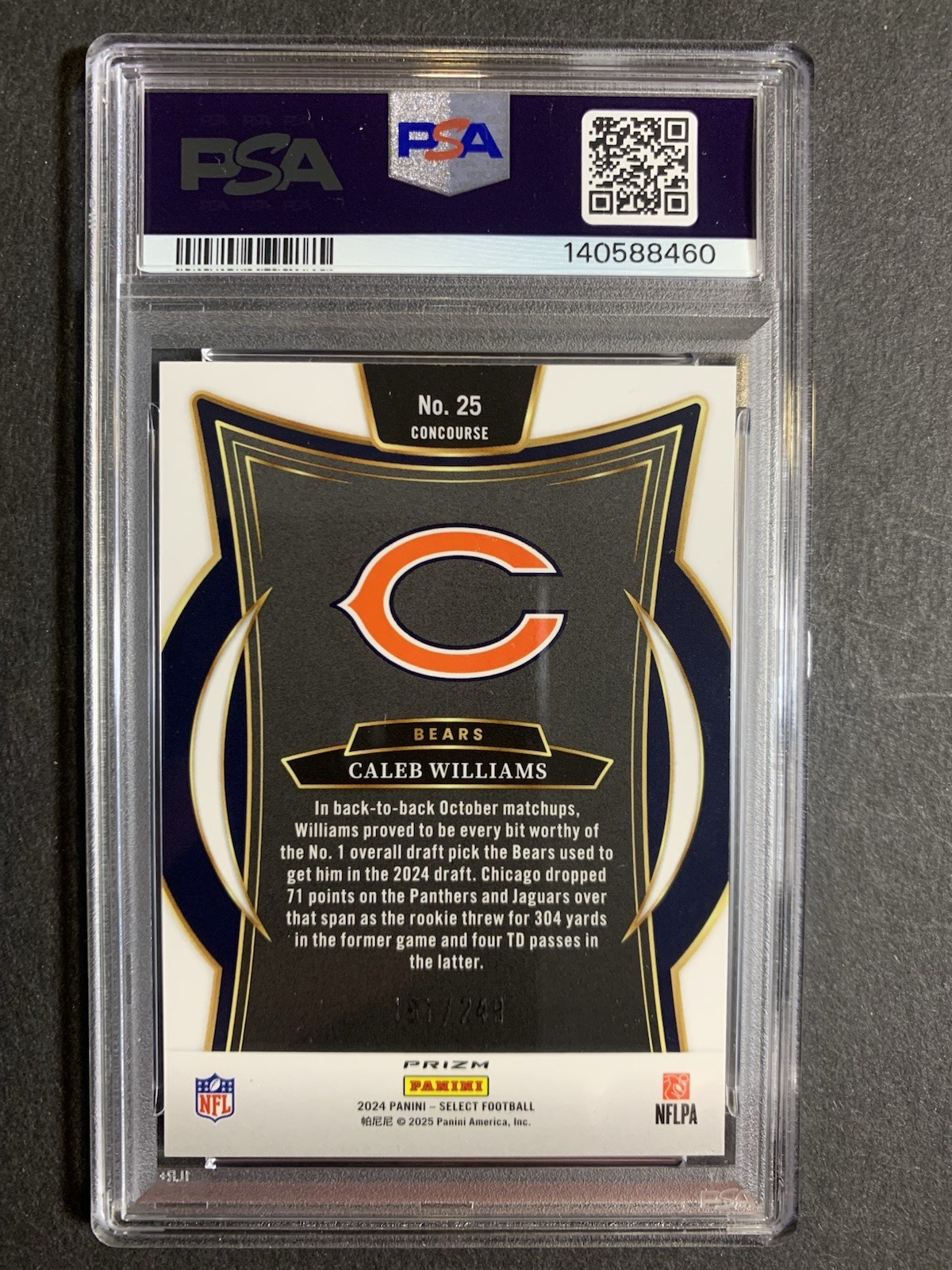 2024 Panini Select Concourse Caleb Williams #25 Blue Prizm /249 (RC) PSA 10 GEM view 3