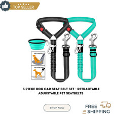 3 Piece Dog Car Seat Belt Set - Retractable Adjustable Pet Seatbelts